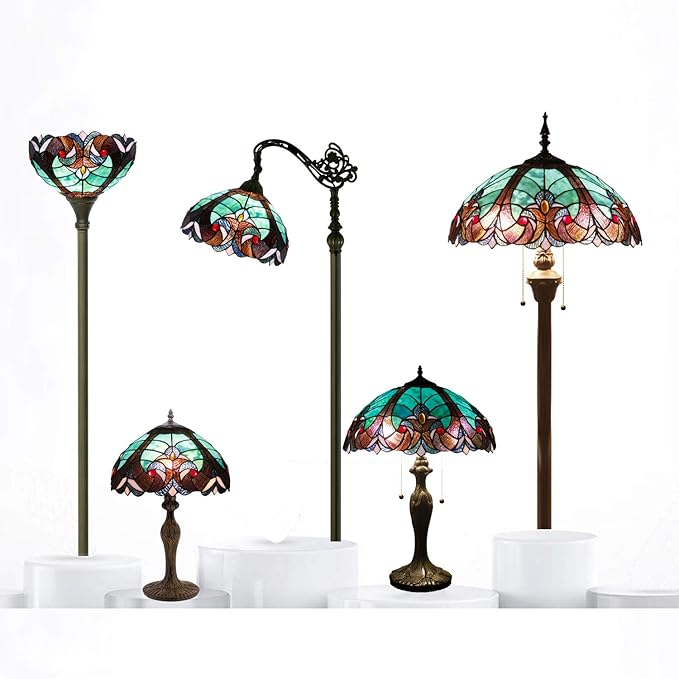 WERFACTORY Stained Glass Lamp Tiffany Style Bedside Table Lamp Reading Desk Light, Metal Leaf Base 8X10X21 Inches Decor Small Space Bedroom Home Office S160G Series