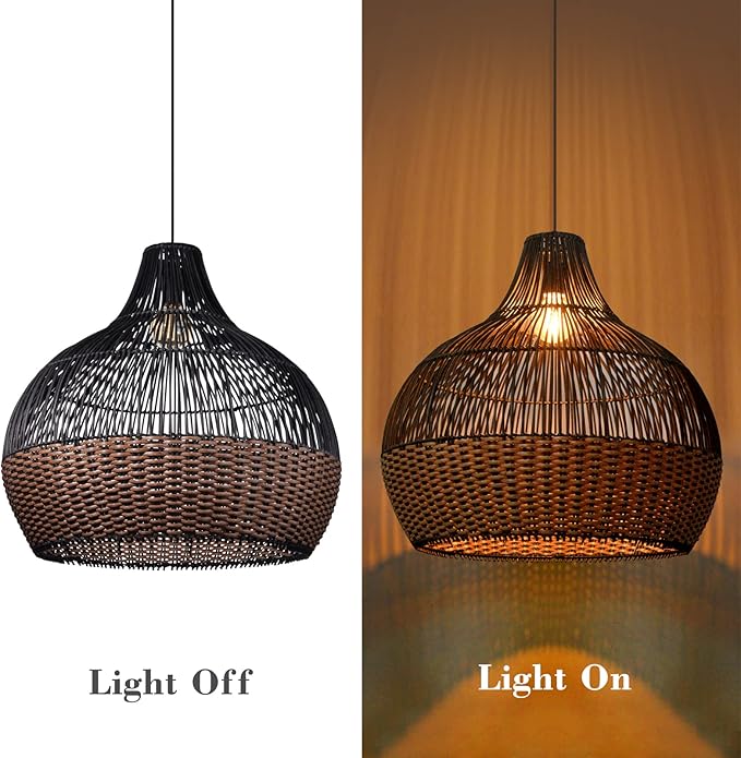 Arturesthome 1 Light Rattan Pendant Light Fixtures,Wicker Boho Black Basket Chandelier, Large Natural Woven Ceiling Hanging Lamp for Kitchen Island Dining Room W 23.5"*22.7"