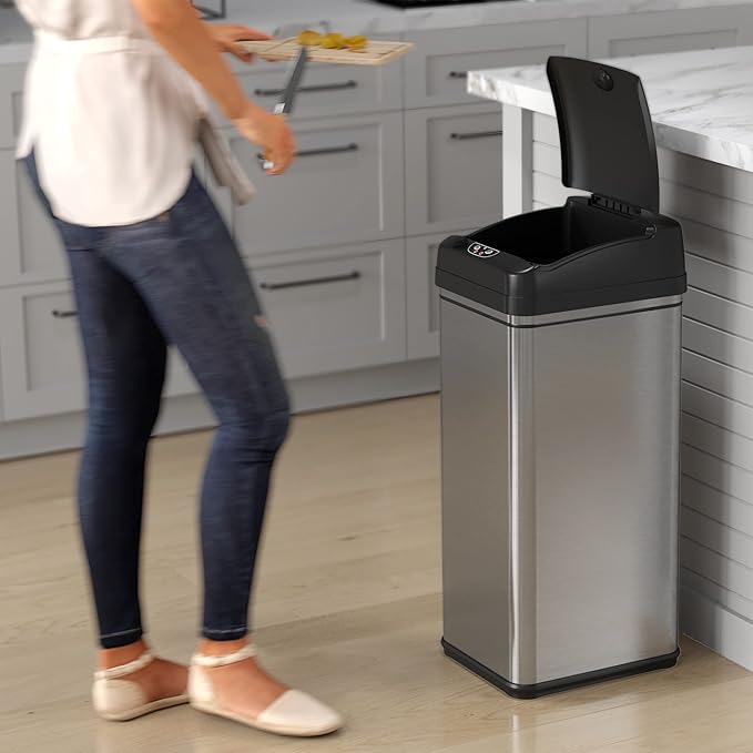 iTouchless 13 Gallon Patented Sensor Trash Can with Lid & Odor Filter, Original Inventor 50L Automatic Kitchen Garbage Bin, Fingerprint-Proof Stainless Steel, Pet-Proof Lock, Soft-Close, Silver