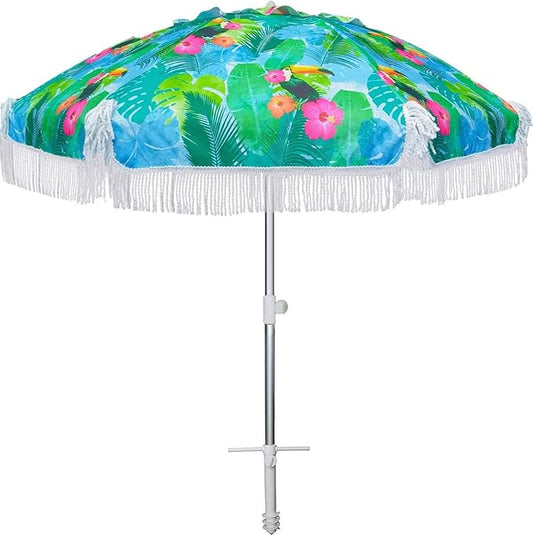 AMMSUN 6.5ft Heavy Duty HIGH Wind fringe Beach Umbrella with sand anchor Vent Tilt Portable Sun Shelter UPF 50+ Windproof Outdoor Sunshade Umbrellas Carry Bag for Patio Garden Pool Backyard Sports