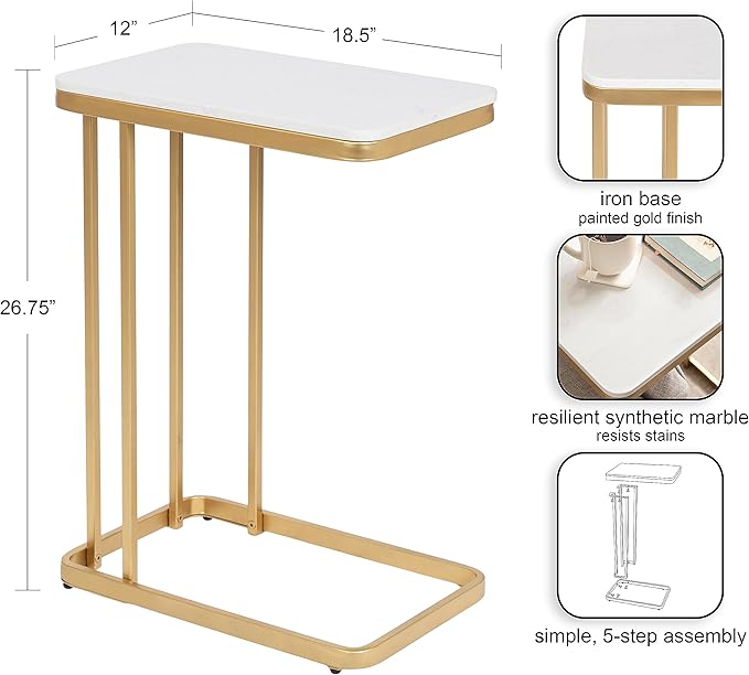 Kate and Laurel Credele Modern Glam Marble C-Table End Table; 12 x 19 x 27; White and Gold; Chic Contemporary TV Tray Table with Metal Legs And Cultured Marble Tabletop
