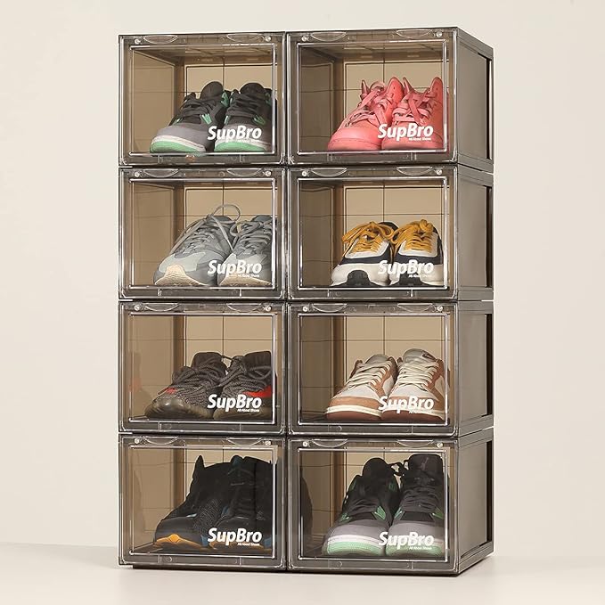 SupBro Collection Crate - Easy Access Storage Shoes Box -Plastic Foldable Stackable Sneaker Display Storage with Clear Front Door Organizer-8 Pack (Steel Flash)