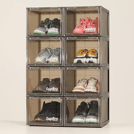 SupBro Collection Crate - Easy Access Storage Shoes Box -Plastic Foldable Stackable Sneaker Display Storage with Clear Front Door Organizer-8 Pack (Steel Flash)