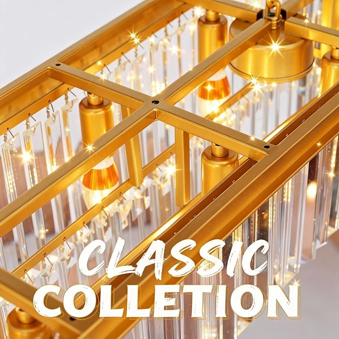 Gold Rectangle Crystal Chandelier, Modern Rectangular Pendant Ceiling Hanging Linear Chandeliers Light Fixture for Dining Room, Kitchen Island, Bar, 14-Light 59 Inches