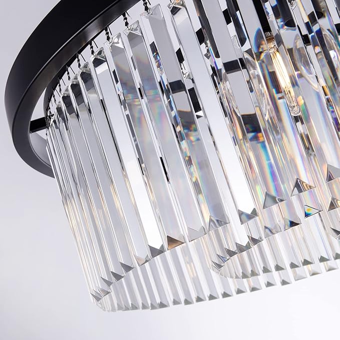 Wellmet Crystal Chandeliers for Dining Room,9 Lights Modern Black Crystal Pendant Light,Farmhouse Chandelier for Bedroom,Ceiling Lighting Fixture for Kitchen Island,Living Room,Hallway,W-33.46”
