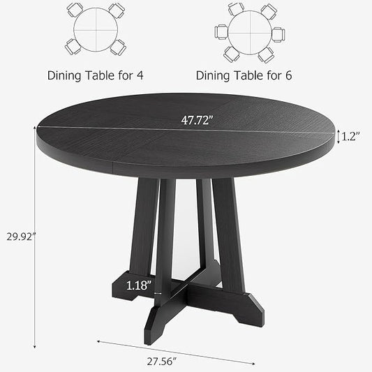 GarveeHome Round Dining Table for 4, 47 Inches Dining Room Table with Wooden Base, Kitchen Table with Circle Tabletop, Dinner Table for Dining Room, Kitchen, Living Room, Black