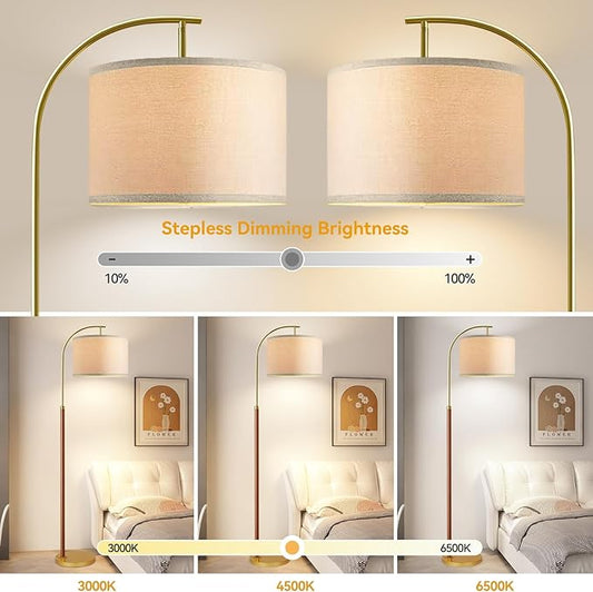 Wood Floor Lamps for Living Room Arc Floor Lamp with Remote Control,Dimmable LED Floor Lamp Mid Century Modern Standing Lamp with 3 Color Temperature Tall Gold Floor Lamp for Bedroom Corner