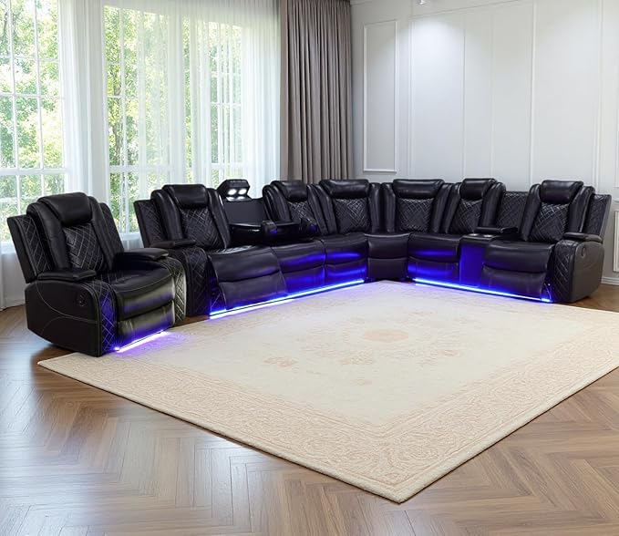 Power Recliner Sofa Sectional Couches with LED Light,Leather Reclining Corner Sectional Sofa Set with 3 Recliner Seats,Cup Holder,Storage Console for Living Room, Black