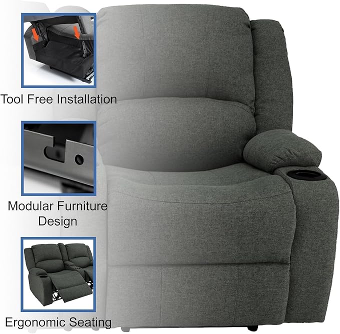 RecPro Charles Powered Double Recliner Sofa & Loveseat | Wall Hugger RV Furniture | Cloth (Fossil, 64")