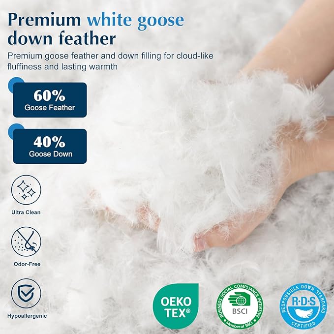 Luxury Goose Feather Down Pillows Queen Size Set of 2, 3-Chamber 5 Star Hotel Pillow for Deep Sleep, Soft Bed Pillows for Neck Pain Relief, Perfect for Side Sleeper, 100% Cotton Shell(2 Pack,20"x30")