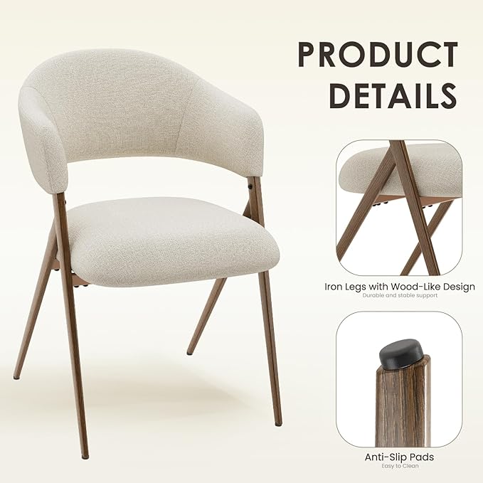 COLAMY Dining Chairs Set of 2, Modern Fabric Upholstered Dining Room Kitchen Side Chairs with Iron Legs, Open Back and Padded Seat, for Living Room/Restaurant/Cafe, Beige