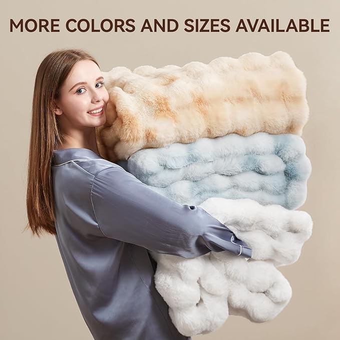Faux Fur Throw Blanket, 1000GSM Fluffy Soft Bubble Blanket for Couch Bed, Cozy Plush Warm and Thick Blanket, Fuzzy Rabbit Throw for Living Room Bedroom 60''*80'' White