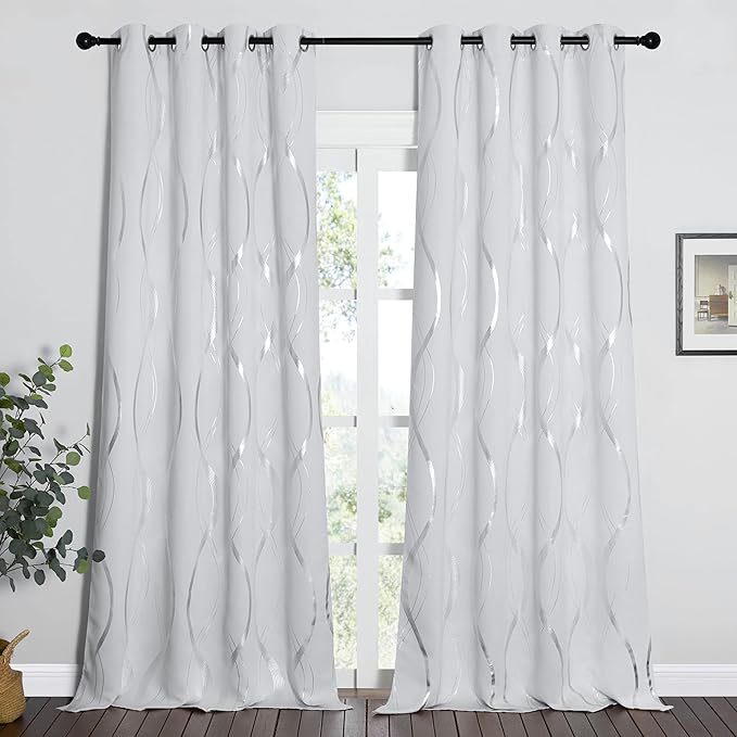 NICETOWN Extra Long Blackout Curtains for Large Window, Greyish White, 2 Panels, 120 inches Long, Foil Printed Wave Lines Energy Saving Thermal Insulated Blackout Draperies for Dining Room Guest Room