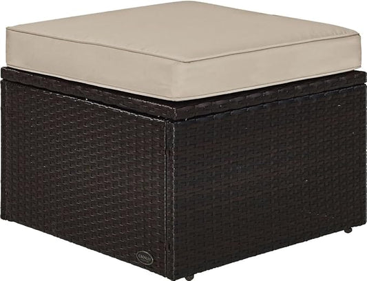 Crosley Furniture Palm Harbor Wicker Outdoor Ottoman Foot Rest for Patio, Deck, Porch, Brown with Sand Cushions