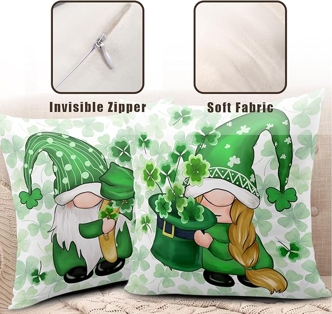 St Patricks Day Gnomes Throw Pillow Covers 16x16 Set of 2 Green Lucky Shamrock Decorative Pillow Cover St. Patrick's Clovers Bow Hat Cushion Cases Spring Rustic Outdoor Pillowcase for Couch Sofa