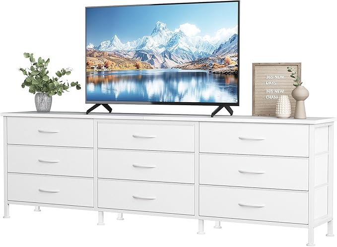 DUMOS TV Stands for Living Room Furniture with 9 Fabric Drawers, Long Entertainment Center Up to 75 Inch TV, Media Console Table with Storage for Bedroom, Adjustable Feet, White.