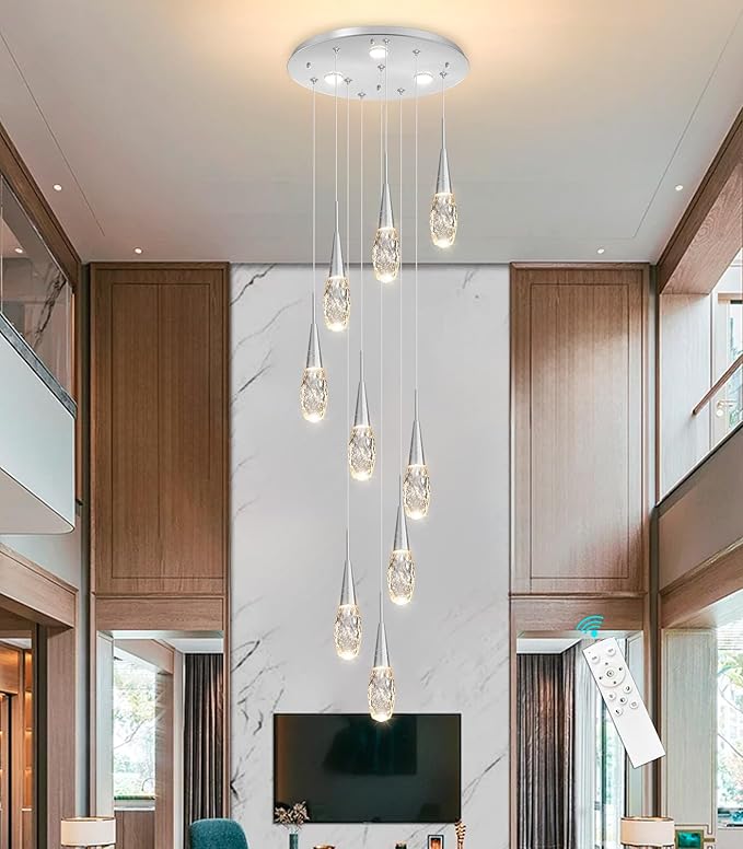 118 Inches Long Chandelier Adjustable Hanging Lights Modern Glam Crystal Ceiling Pendant Dimmable Lighting Fixture for Hallway Foyer Living Room Silver