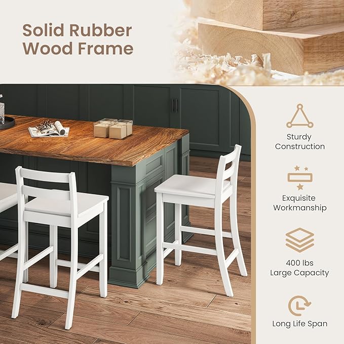 ERGOMASTER Set of 4 Kitchen Island Bar Stools 24 Inch Height with Footrest - 400 lbs Capacity Rubber Wood Counter Stools for Breakfast Nook, Home Pub (White)