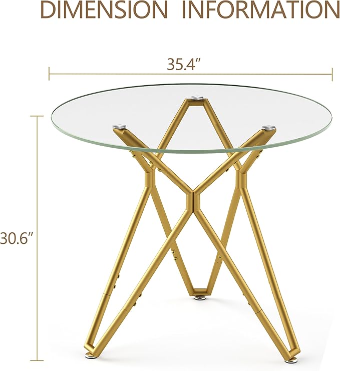 KEIKI 35.4-inch Round Tempered Glass Dining Table, Suitable for 1-4 People, Space-Saving Small Kitchen Dining Table, Equipped with Sturdy Metal Table Legs, Suitable for Dining Room, Living Room, Gold