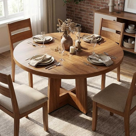 IDEALHOUSE 47" Round Dining Table, Kitchen Table for 4-6 People, Circle Tables with Sturdy Pedestal Base, Space Saving Dinning Room Furniture for Living Room, Kitchen, Brown