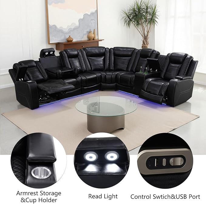 Power Recliner Sectional Sofa with LED Light, Breathing Leather Recliner Sofa Couch with Storage/Cup Holder for Living Room Home Office Theater(Black-PRO)
