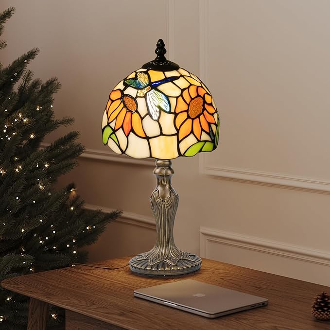 Tiffany Table Lamp,3 Color-Temperature Sunflower Stained Glass Lamp,8 Inch Tiffany Style Lamp for Bedroom Living Room Home, Handcrafted Light, Included Bulb (Yellow Sunflower)