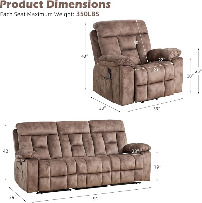 CANMOV Recliner Sofa Set, Power Lift Recliner with Massage&Heat and 3 Seat Sofa, Reclining Sofa with Overstuffed Armrest, Hidden Cup Holders, for Living Room, Camel-Brown