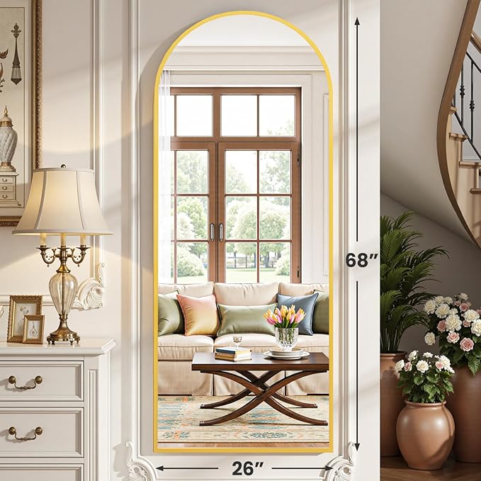OLIXIS Arched Full Length Mirror for Bedroom, 68"x26" Full Body Mirror with Stand, Hanging or Leaning for Wall, Aluminum Alloy Thin Frame Floor Standing for Living Room, Long, Gold