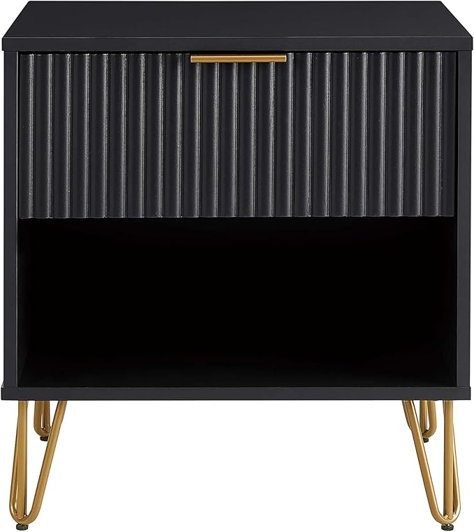 Manhattan Comfort Dumbo Fluted Nightstand with Drawer and Open Shelf, Gold Hairpin Legs and Metal Handle, Snap Tool-Free Assembly, Modern Bedside Accent Table for Bedroom, Office, Living Room in Black