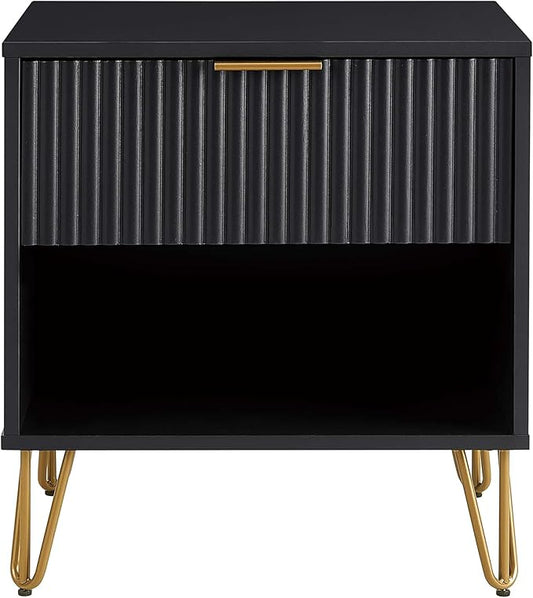 Manhattan Comfort Dumbo Fluted Nightstand with Drawer and Open Shelf, Gold Hairpin Legs and Metal Handle, Snap Tool-Free Assembly, Modern Bedside Accent Table for Bedroom, Office, Living Room in Black