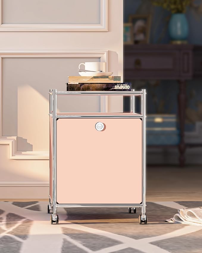 Matte Storage Cart with Flap Door, Large Capacity Storage Cart with Detachable Wheels, DIY Modern Home Furnishing, Great for Home, Office, Bedroom, Kitchen (Matt Pink)