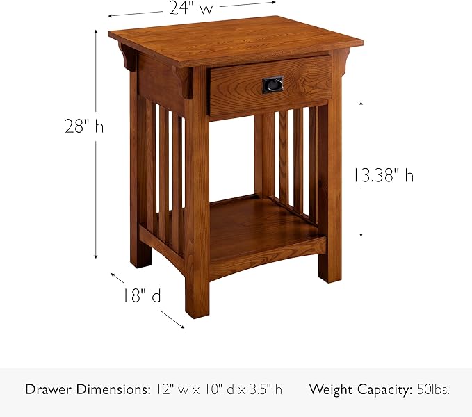 Leick Home 8222 Mission Impeccable End Table with Drawer, Made with Solid Wood, Side Table for Living Room, Bedroom, Medium Oak Finish Nightstand Table