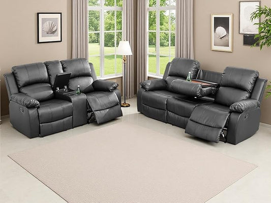 2PCS Black Recliner Sofa Set Living Room Furniture Sets Manual Reclining Couch Set Vegan Leather Loveseat and Sofa Set with Cup Holders/Storage Console for Home/Office (j-Black, Sofa+Loveseat)
