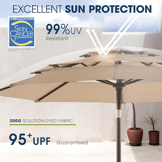wikiwiki 10ft 3-Tier Patio Umbrella Outdoor Table Market Umbrella for Patio with Push Button Tilt/Crank, Fade Resistant Waterproof POLYESTER Canopy for Garden, Lawn, Deck, Backyard & Pool, Tan