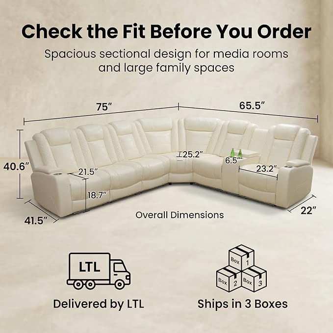 Power Recliner Sectional Sofa, Off-White Breathing Leather L-Shaped Corner Couch with LED Lights, USB/Type-C, Wireless Charging, Cup Holders & Storage Console for Living Room Theater