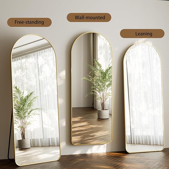 HARRITPURE Arched Full Length Mirror - 64"x21" Large Floor Standing Mirror, Aluminum Frame Full Body Mirrors with Stand for Bedroom/Living Room Wall Mounted, Gold