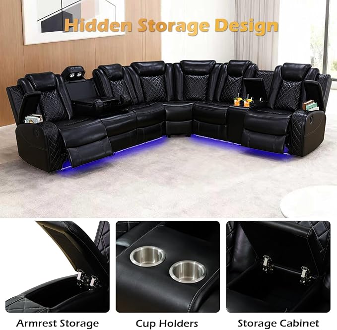 Leather Power Recliner Sectional Sofa with LED Light,L Shaped Leather Couch Set with 2 Recliner Seats，Modular Corner Sofa with Storage Console/Coffee Table for Living Room(Black, Sectional)