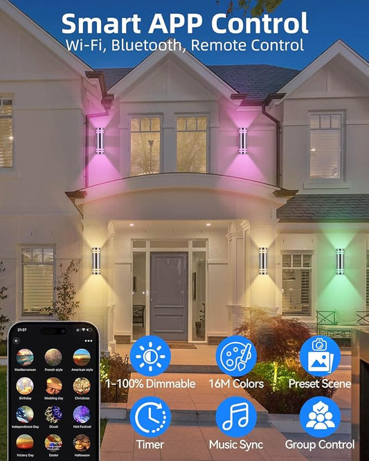 Smart Stainless Steel Outdoor Wall Light 2 Pack, WiFi RGB Up and Down Sconce with Dusk to Dawn Sensor, Color Changing Exterior Lighting Fixtures, Compatible with Alexa & Google, Remote Included