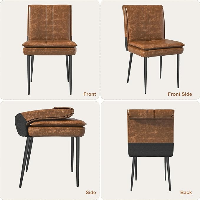 VECELO Upholstered PU Dining Chairs Set of 2, Kitchen Chairs with Padded Seat for Living Room, Dining Room, High Back and Steel Legs, Easy Assembly, Brown