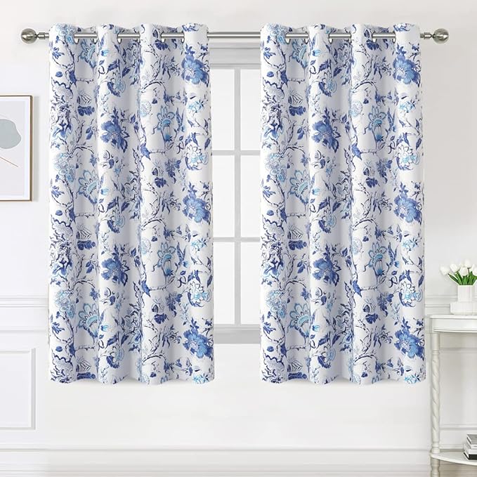 H.VERSAILTEX Blackout Curtains 63 Inch Length 2 Panels Set Floral Print Curtain Drapes for Living Room Thermal Insulated Grommet Window Curtains for Bedroom - Traditional Floral in Blue and White