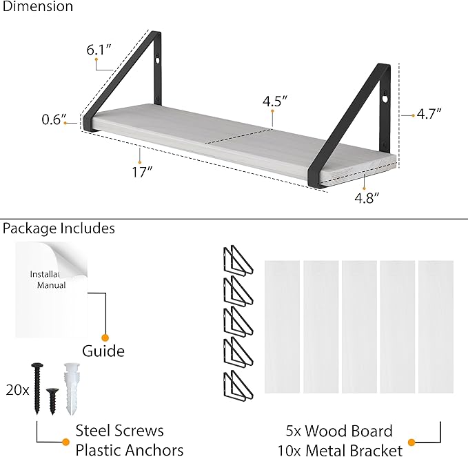 Wallniture Ponza 17'' x 4.5'' Floating Wall Shelf Bathroom, Small Wood Book Shelves for Wall Storage, Wall Mounted Shelf, Dining Room, Bedroom, Living Room, Office & Kitchen Organization, White, 5pcs
