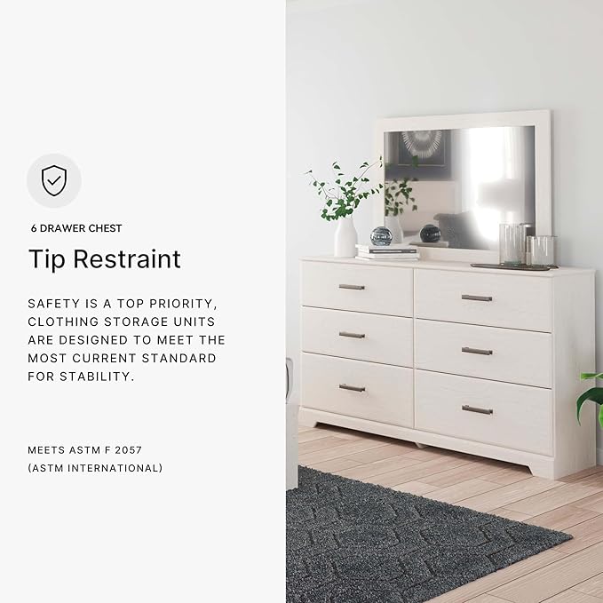 Signature Design by Ashley Stelsie Vintage Smooth-Gliding 6-Drawer Dresser and Mirror with Safety Stop, White