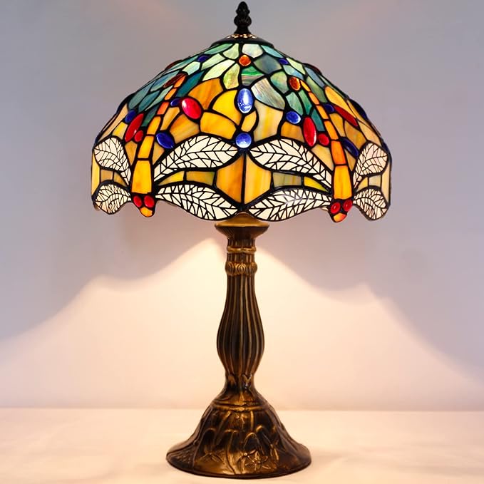WERFACTORY Tiffany Lamp Sea Blue Yellow Stained Glass Dragonfly Style Table Lamp Nautical Reading Desk Bedside Light 12X12X18 Inches Decor Bedroom Living Room Home Office S128 Series