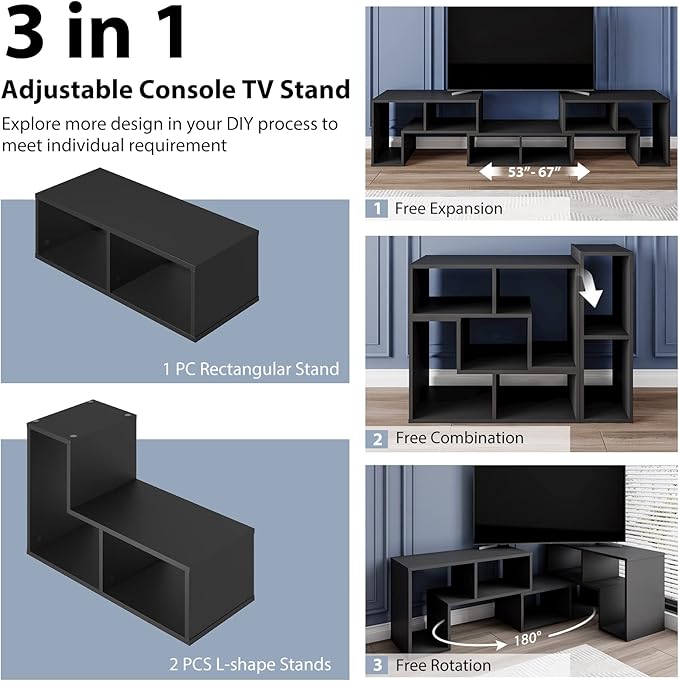 Tangkula 3 Pieces Console TV Stand, Free-Combination Entertainment Center for 50 55 60 65 Inch TV, Minimalist Modern TV Media Stand, DIY Open Storage Bookcase Shelf for Living Room (Black)