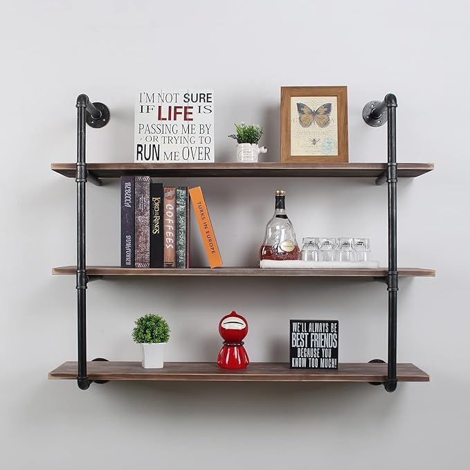 MBQQ Industrial Pipe Shelving Wall Mounted,48in Rustic Metal Floating Shelves,Steampunk Real Wood Book Shelves,Wall Shelf Unit Bookshelf Hanging Wall Shelves,Farmhouse Kitchen Bar Shelving(3 Tier)