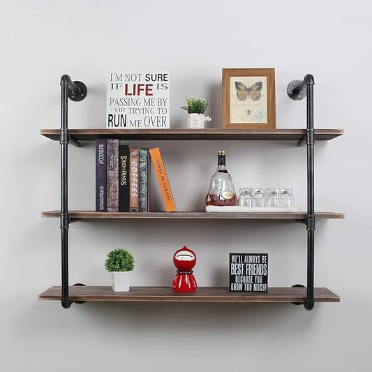MBQQ Industrial Pipe Shelving Wall Mounted,48in Rustic Metal Floating Shelves,Steampunk Real Wood Book Shelves,Wall Shelf Unit Bookshelf Hanging Wall Shelves,Farmhouse Kitchen Bar Shelving(3 Tier)