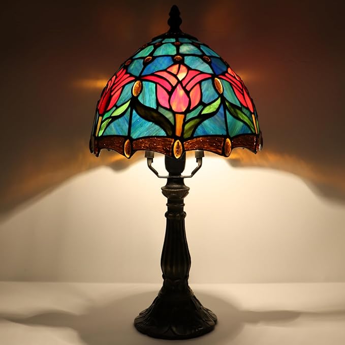 Small Tiffany Lamp Mini Accent Table Lamp Stained Glass Desk Memory Lamp Sympathy 8X14.5 Inch (Tulip Style)