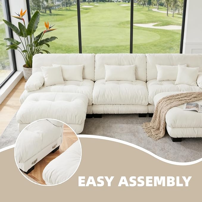 173.2" U-Shaped Cloud Couch, Oversized Modular Sectional Sofa, Deep Seat Cloud Boneless Couch, 4-Seat Modular Sectional Sofa with 2 Ottoman or Living Room,Bedroom and Apartment, White
