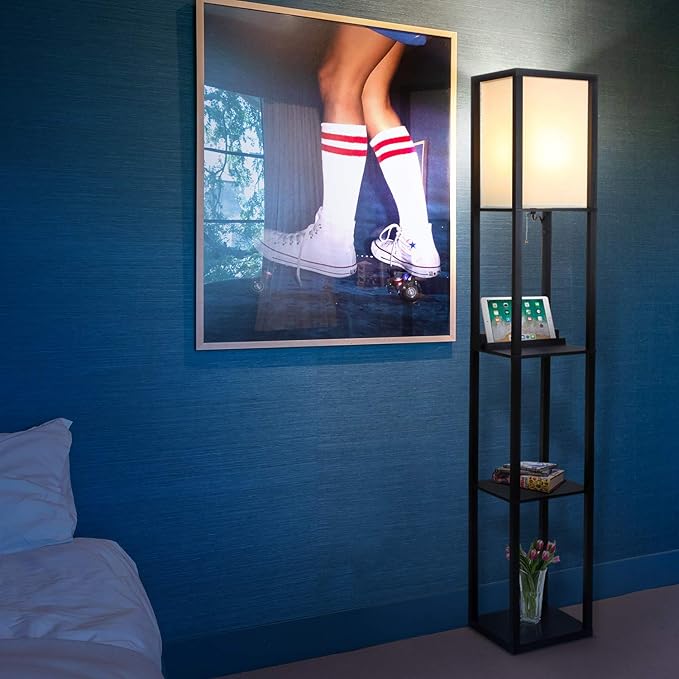 Brightech Maxwell – Modern Shelf Floor Lamp with USB Ports, Wireless Charging & Outlet – Versatile Corner Display and Lamp with Shelves, Storage Solution for Living Room, Office, Bedroom – Black