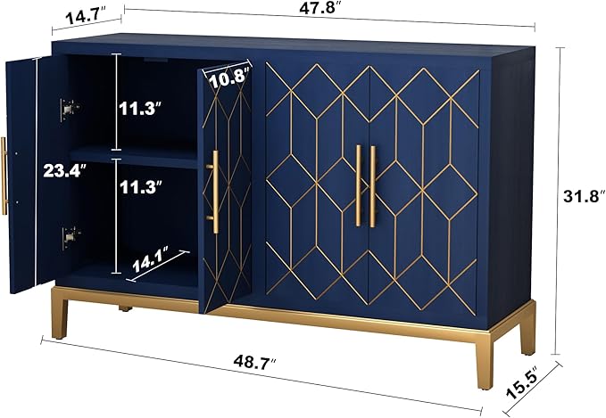 47.8" Storage Accent Cabinet with 4 Doors, Modern Sideboard Buffet Cabinet with Gold Lines, Wood Decorative Credenza with Storage for Living Room, Kitchen, Dining Room, Entryway, Blue